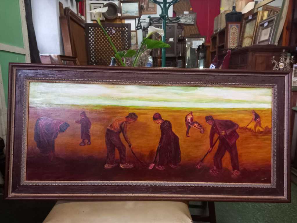 Cuadro al óleo sobre lienzo con figuras de campesinos