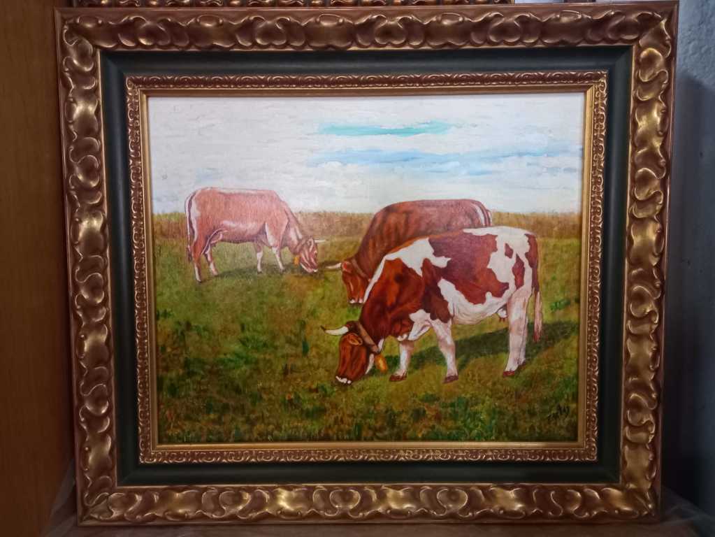 Pintura al óleo sobre lienzo vacas pastando