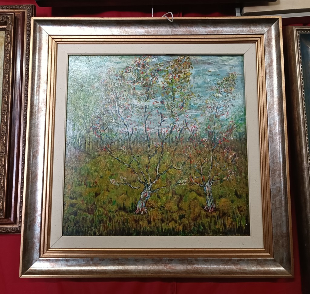 Cuadro al óleo con imagen de melocotonero en flor 1