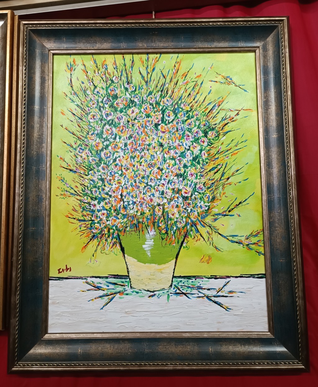 Cuadro al óleo sobre lienzo pintura flores y maceta 1