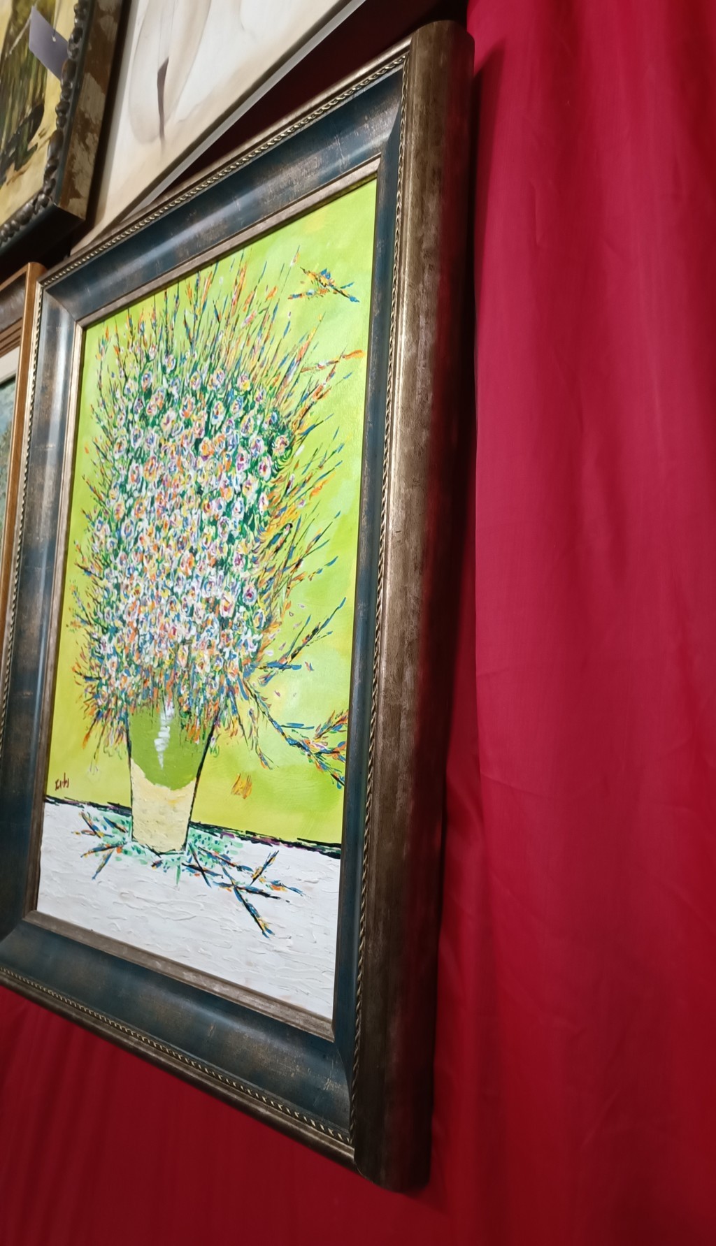 Cuadro al óleo sobre lienzo pintura flores y maceta 2