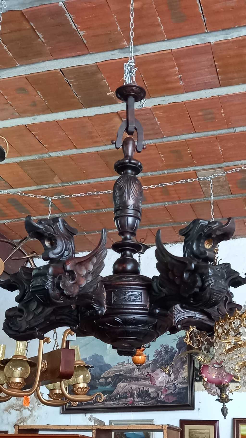 Lámpara de madera renacentista tallada con 5 brazos del siglo XIX